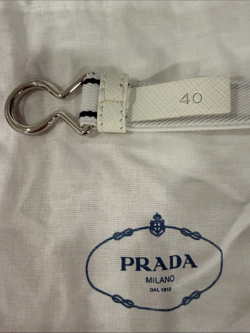 Prada Milano Adjustable Web Belt White Navy Stripe Silver Buckle Size 40 NEW